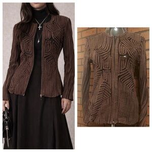 Brown Textured Zip Jacket Size 10 Avant-Garde Dark Academia Y2K